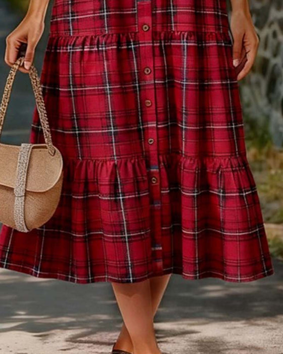 Sukienka Plaid Siedem-Czwarty Rękaw Warstwowy