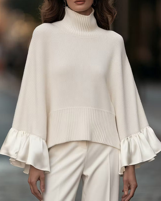 Sweter Golf Patchwork Falbana Rękaw
