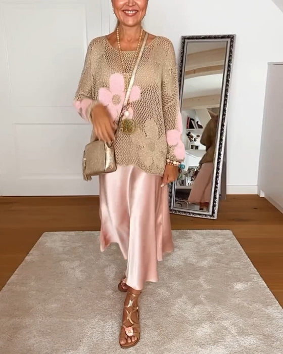 Sweterek z długim rękawem i okrągłym dekoltem w kwiaty