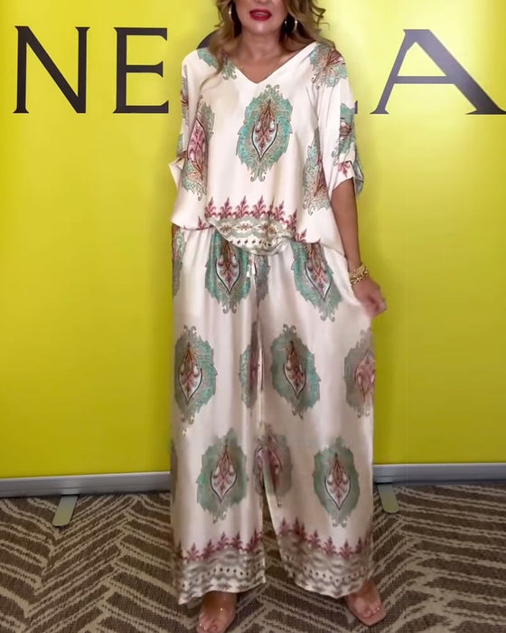 Zestaw Elegancki Dekolt W Serek Kwiat Nerkowca Szerokie Nogawki