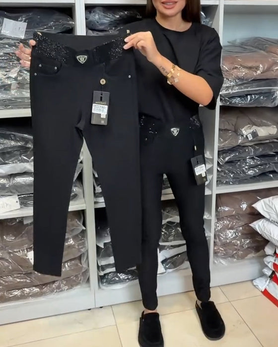 Stylowe Spodnie W Jednolitym Kolorze Z Stretch