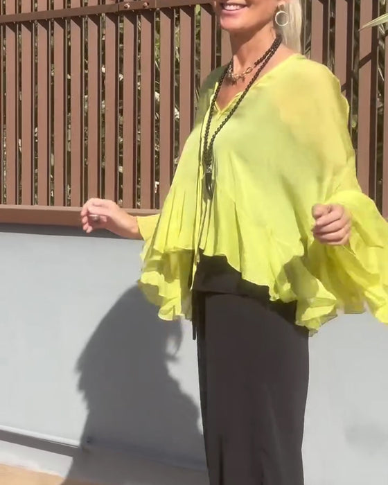 Bluzka Ruffle Trzepot Rękaw Nietoperz Rękaw