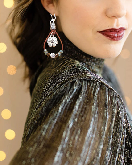 Boho skórzany kwiatowe proste kolczyki