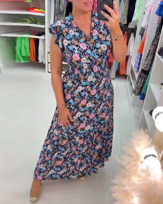 Sukienka bez rękawów w kwiaty z dekoltem w serek