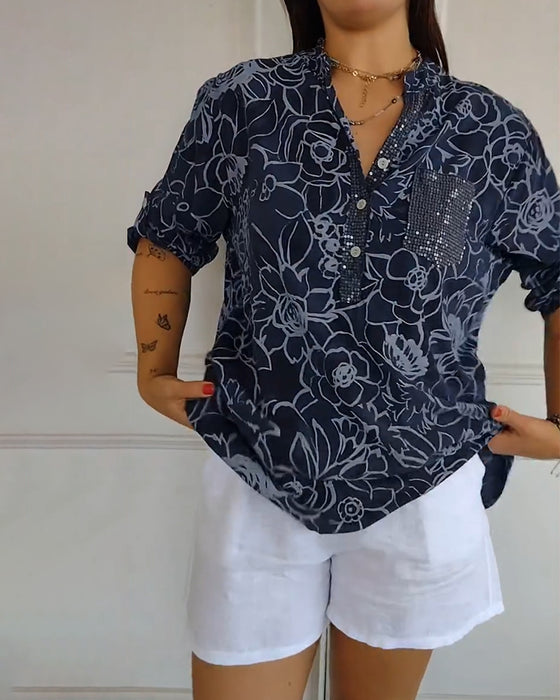 Bluzka V-dekolt Z Zapięciem Na Guziki Wzorzysta