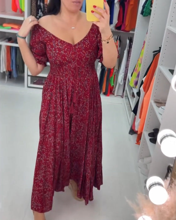 Sukienka maxi z dekoltem w serek i nadrukiem