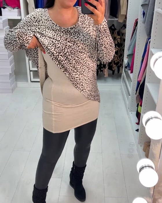 Bluzka z długim rękawem i okrągłym dekoltem w panterkę