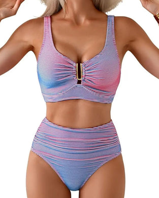 Bikini Wysoki Stan W Paski Guzik