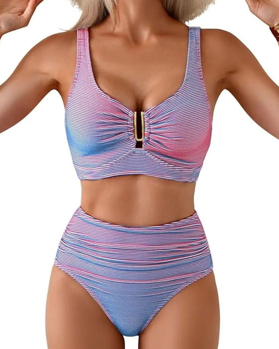 Bikini Wysoki Stan W Paski Guzik