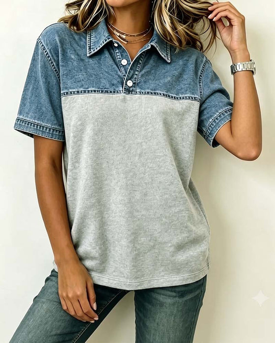 Bluzka Krótki Rękaw Kołnierz Koszula Denim Patchwork