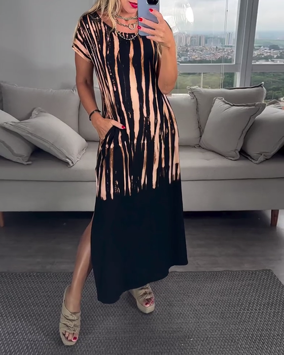 Sukienka casualowa z krótkim rękawem i rozcięciem, okrągłym dekoltem, nadrukiem
