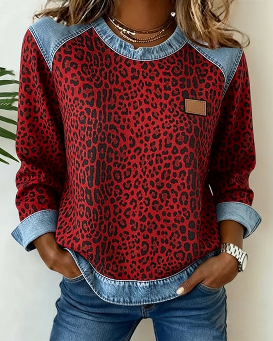 Bluza Leopardzi Print Dżins Patchwork