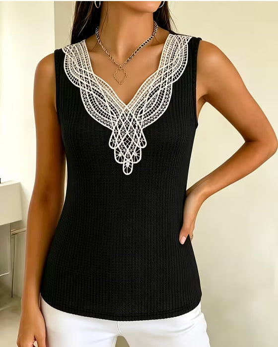 Tank Top Koronka V-Szyja Żebrowany
