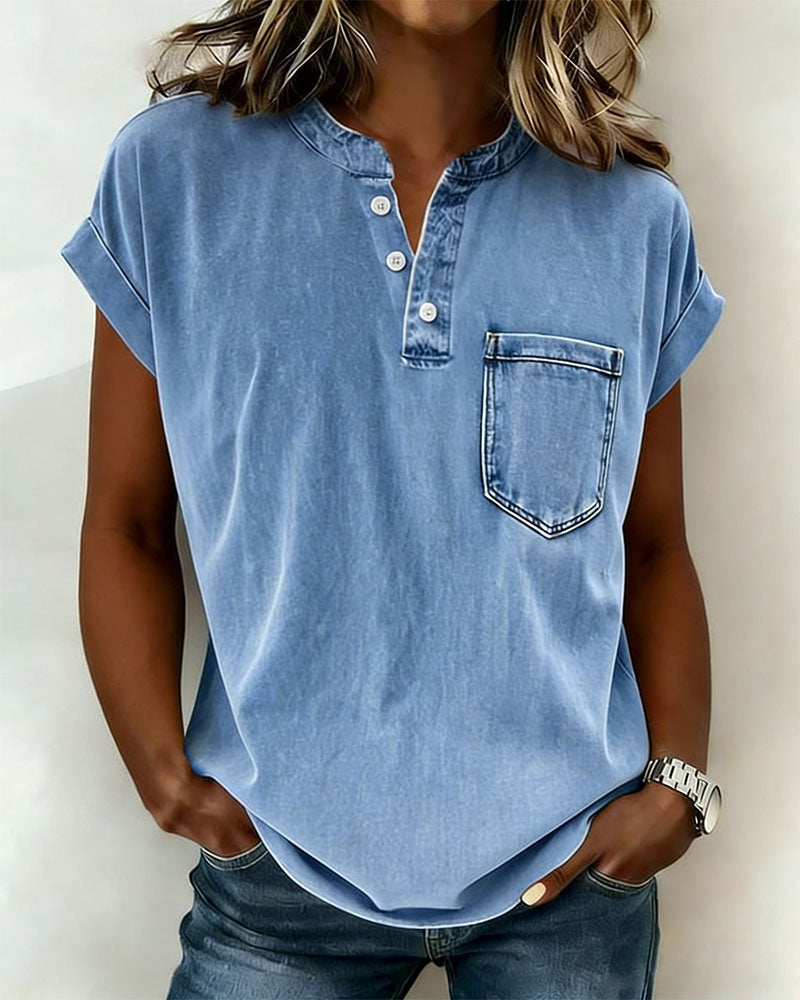 Top Prany Denim Henley Krótki Rękaw