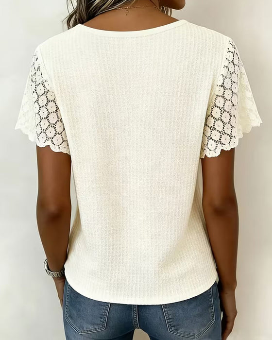 T-Shirt Dekolt W Wafel Koronka Patchwork Jednolity