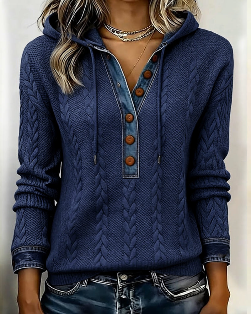 Bluza Z Kapturem Color Blocking Z Długimi Rękawami I Guzikami