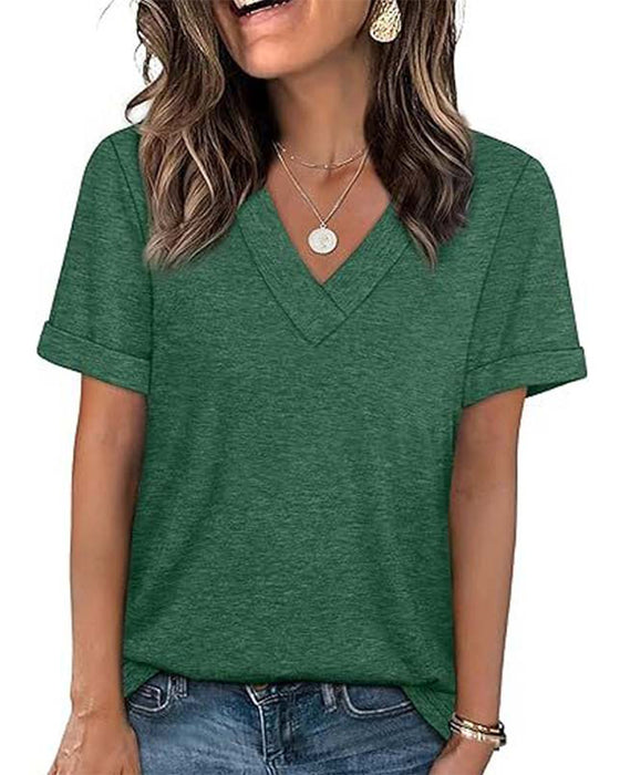 T-Shirt Jednokolorowy Dekolt W Kształcie Litery V Casual Krótki Rękaw