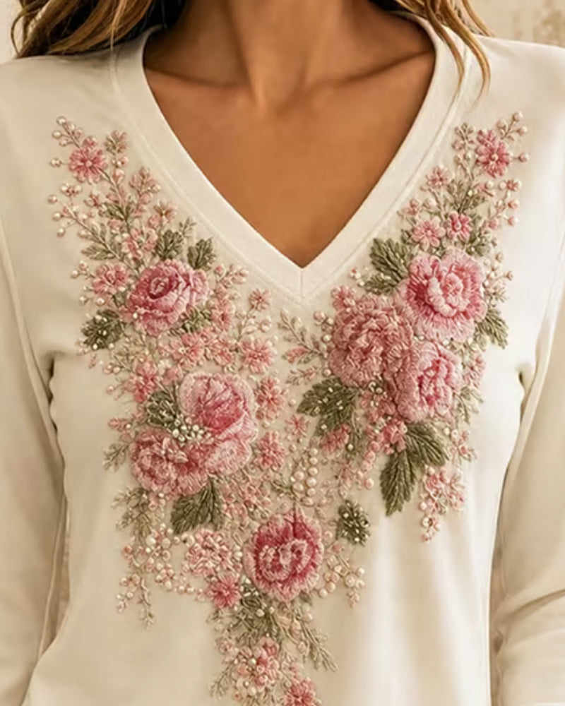 T-Shirt Długi Rękaw V-Szyja Kwiatowy