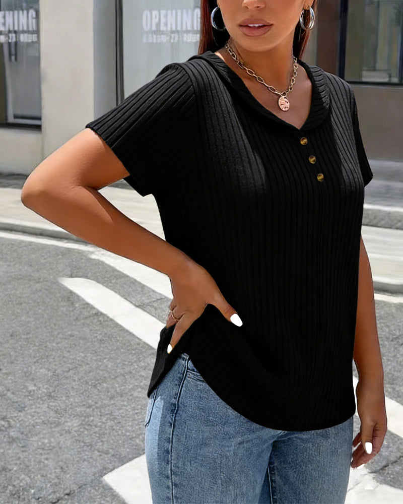 T-Shirt Żebrowany Dekolt W Kształcie Litery V Mini Klapa Krótki Rękaw