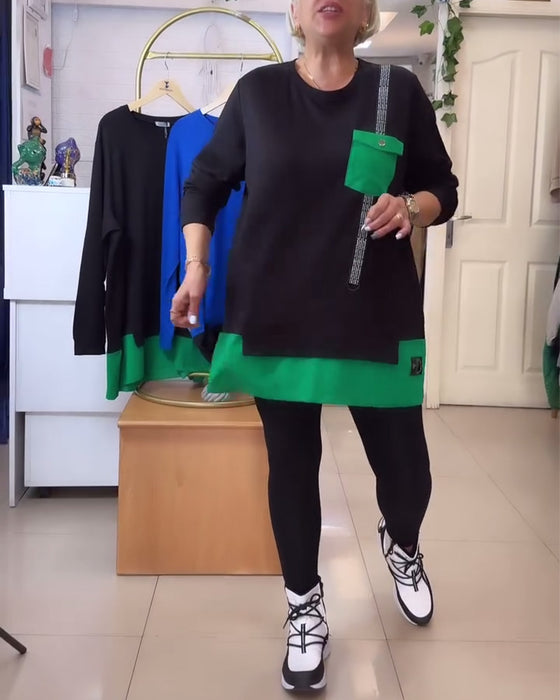 Bluza casualowa z okrągłym dekoltem i kieszeniami w kontrastowym kolorze