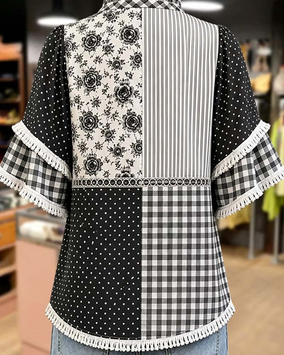 Bluzka Mandarynka Kołnierz Polka Dot Krata