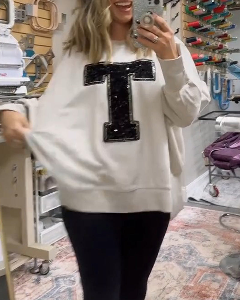 Sweatshirt T-Design Cekiny Haftowany Okrągły Dekolt