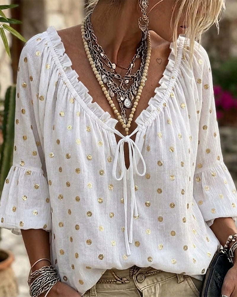 Bluzka Dekolt V Rękawy Rozszerzane