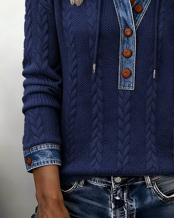 Bluza Z Kapturem Color Blocking Z Długimi Rękawami I Guzikami