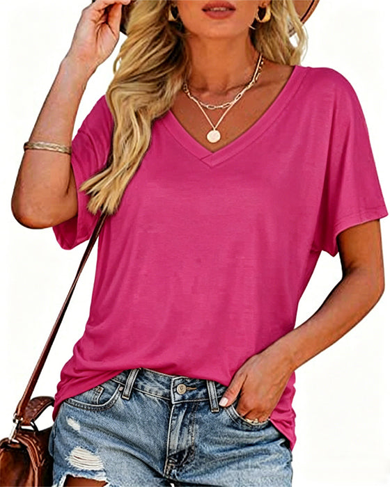 T-Shirt Plisowany Jednokolorowy Dekolt W Serek