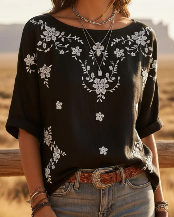 Bluzka Okrągły Dekolt Opadające Ramiona Luźna Kwiatowa