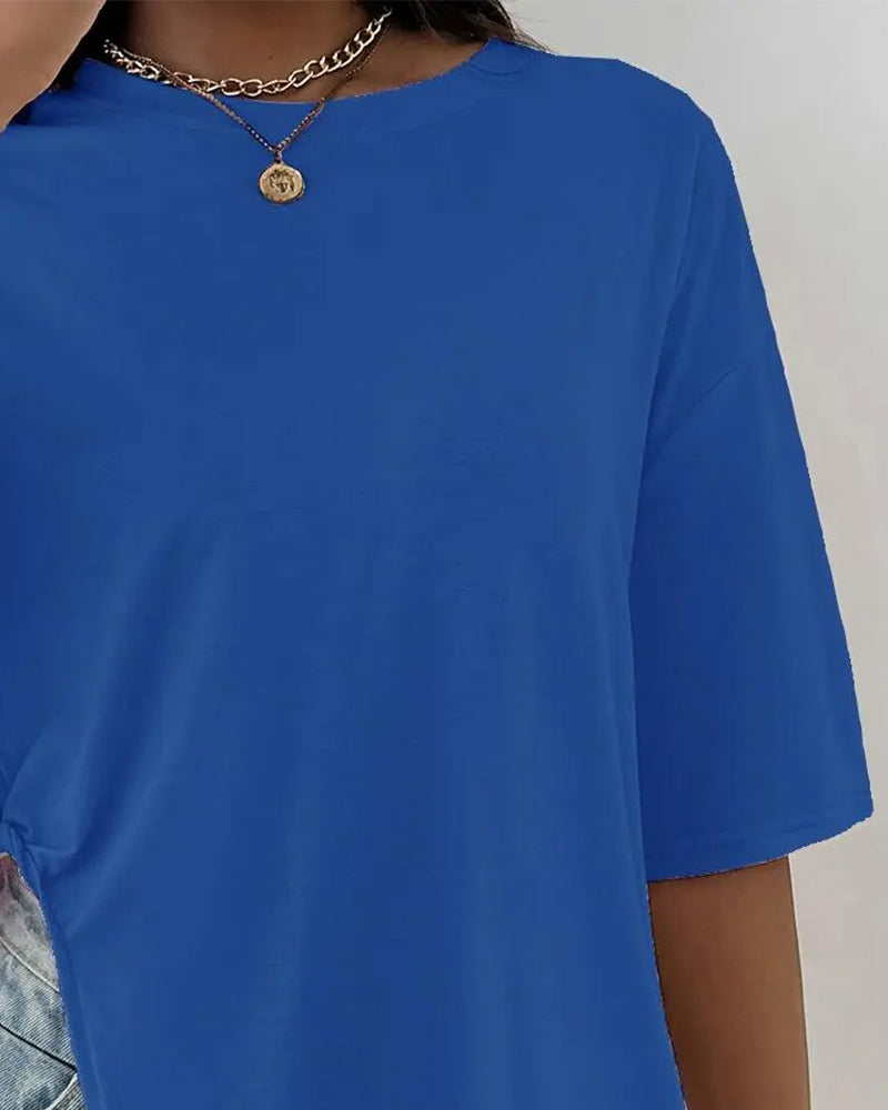 T-Shirt Okrągły Dekolt Rozcięty Krótki Rękaw