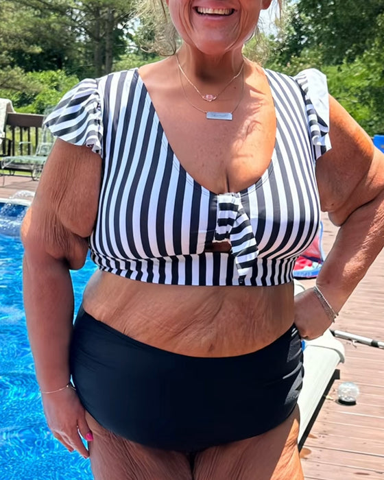 Bikini W Paski Rękaw Motylkowy Dekolt U