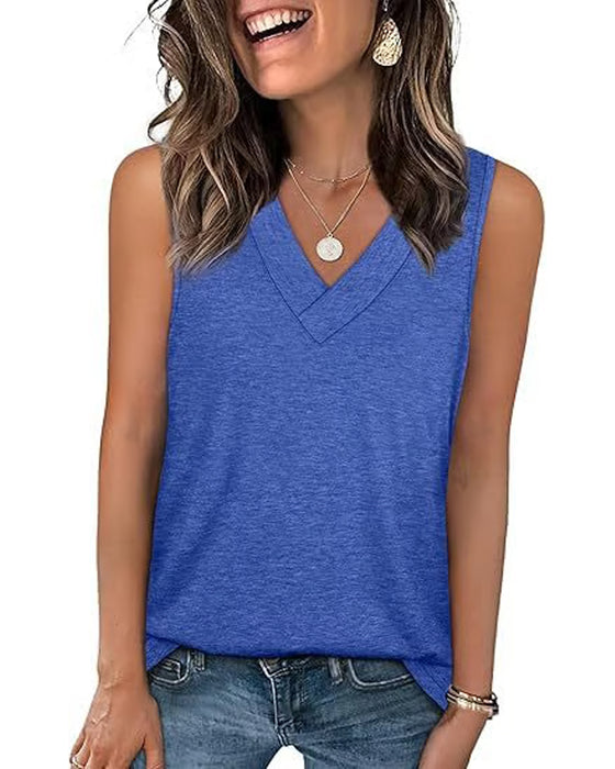 Top T-Shirt Damskie Bez Rękawów Dekolt V Wyszczuplający Luźny Krój Casual