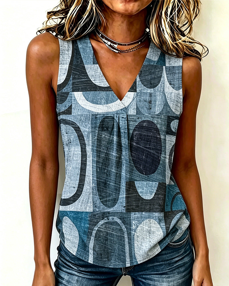 Tank Top Vintage Geometryczny Druk V-Szyja