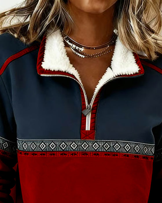 Bluza Retro Z Color Blocking I Futrzanym Kołnierzem