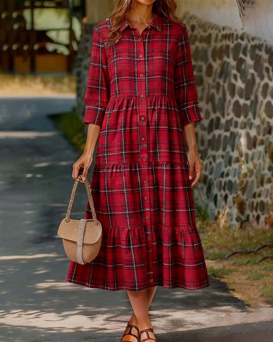 Sukienka Plaid Siedem-Czwarty Rękaw Warstwowy