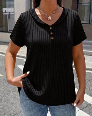 T-Shirt Żebrowany Dekolt W Kształcie Litery V Mini Klapa Krótki Rękaw