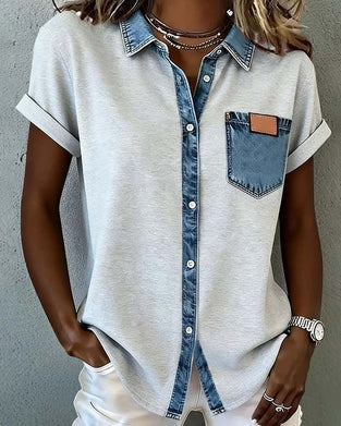 T-Shirt Denim Patchwork Wywijany Kołnierz