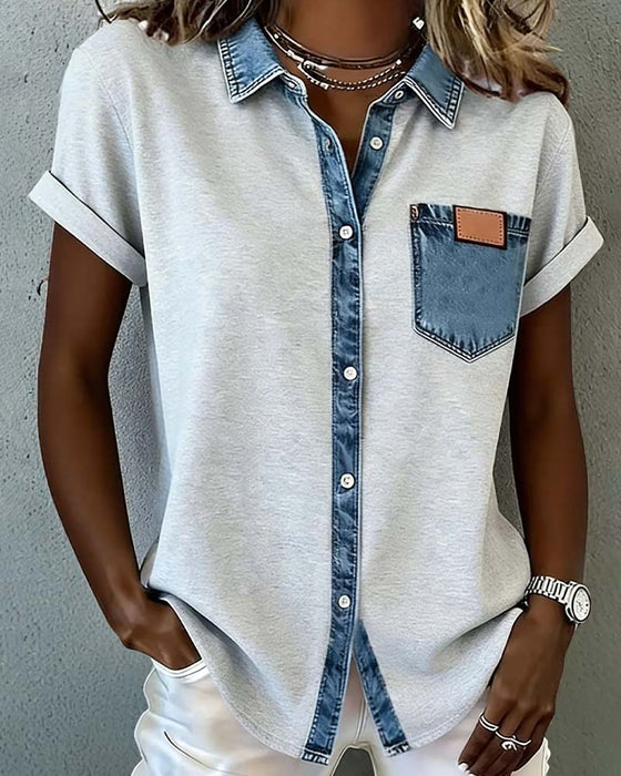 T-Shirt Denim Patchwork Wywijany Kołnierz