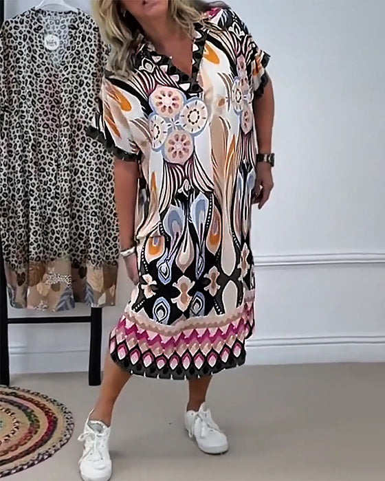 Sukienka Boho Wzorzysta Prosta Krótki Rękaw