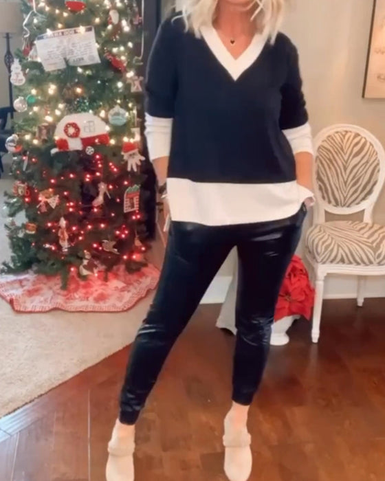 Bluzka z blokami kolorów i dekoltem w kształcie litery V