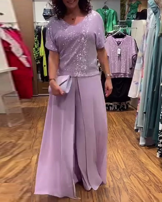 Luźna cekinowa bluzka z krótkim rękawem i dekoltem w kształcie litery V