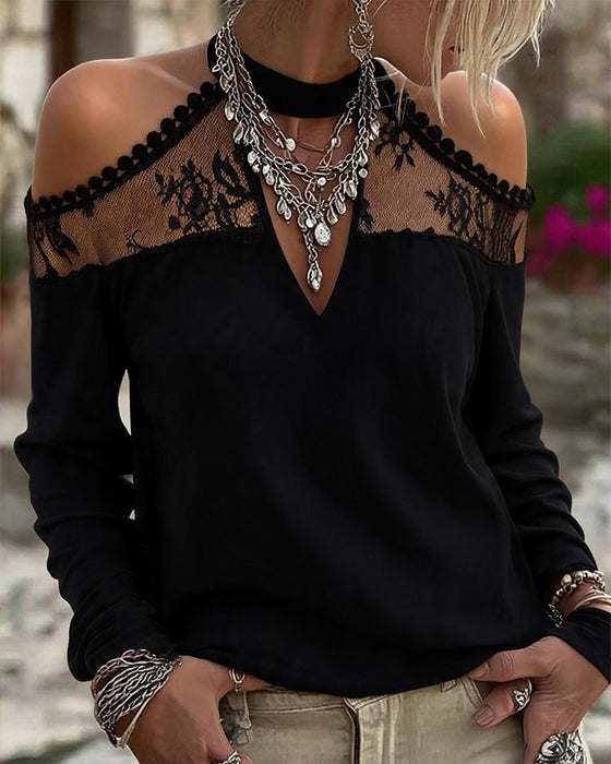 T-Shirt V-Szyjka Koronka Patchwork Off-Shoulder