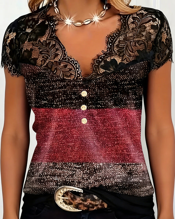 T-Shirt V-Dekolt Koronka Patchwork Kontrastowy Kolor