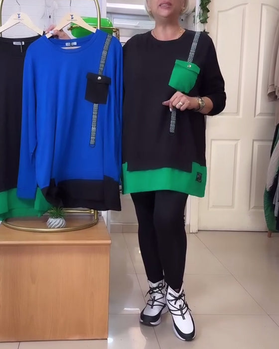 Bluza casualowa z okrągłym dekoltem i kieszeniami w kontrastowym kolorze