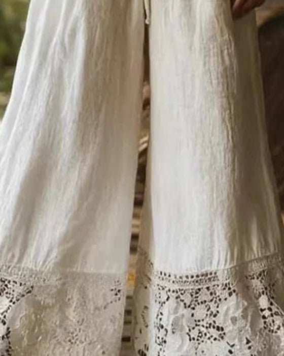 Spodnie Elastyczna Talia Sznurek Koronka Patchwork Szeroka Noga