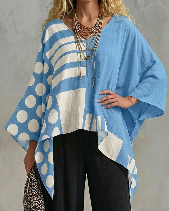 Bluzka Polka Dot Pasek Patchwork V Szyja