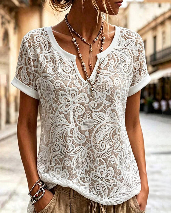 T-Shirt Wycięcie Koronka Krótki Rękaw