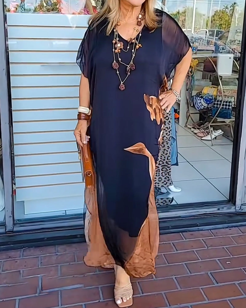 Sukienka Rękaw Nietoperza Szyfon Nadruk Maxi