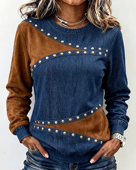Top Okrągły Dekolt Denim Spliced Blok Kolorów